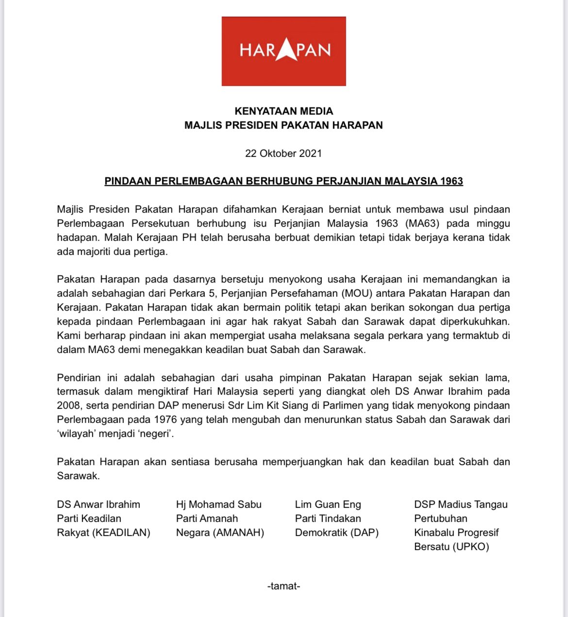 Anwar Ibrahim On Twitter Kenyataan Media Majlis Presiden Pakatan Harapan 22 Oktober 2021 Pindaan Perlembagaan Berhubung Perjanjian Malaysia 1963 Https T Co Eloafisgmx Twitter