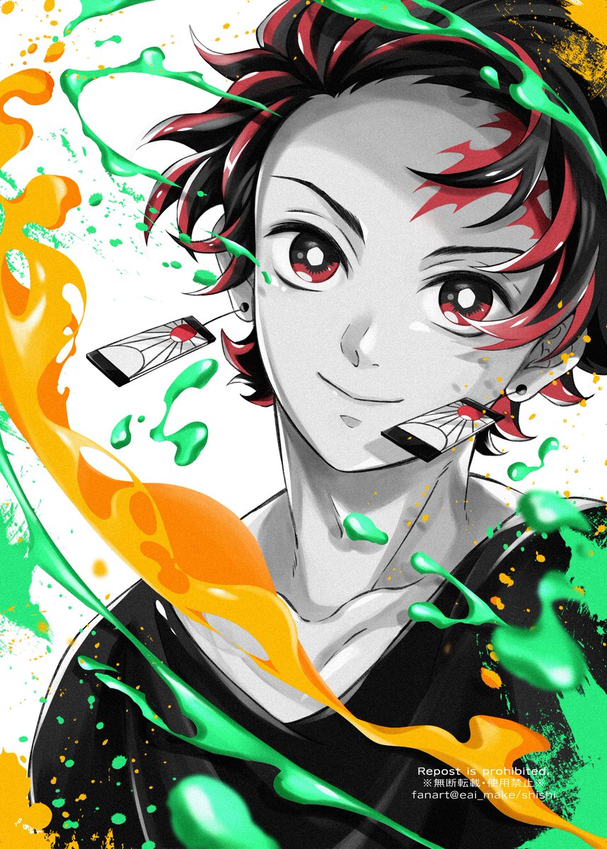 kamado tanjirou 1boy jewelry male focus earrings solo smile looking at viewer  illustration images