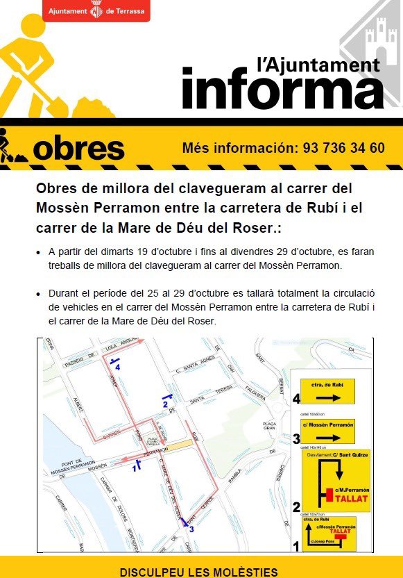 LesVeu's tweet photo. 🔴📢📢🔴 *ATENCIÓ OBRES AL BARRI* 🔴📢📢🔴 
*Obres de millora del clavegueram al carrer del Mossèn Perramon entre la carretera de Rubí i el carrer de la Mare de Déu del Roser* per part de @ajterrassa https://t.co/OiHqhRzM3I