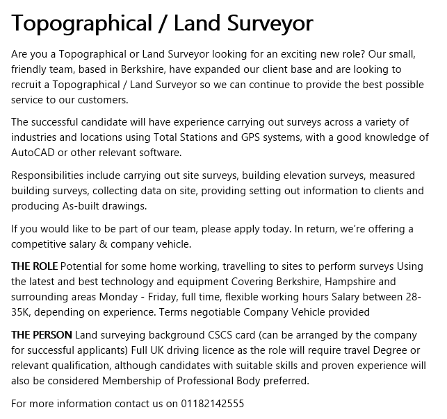 FirstSafetyCon's tweet photo. Topographical / Land Surveyor Required https://t.co/CfD7hCJZY3