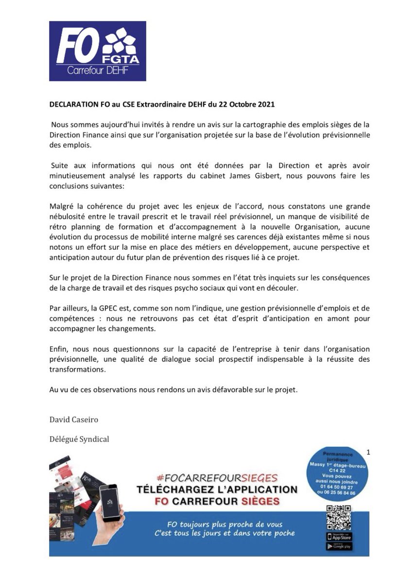 caseiro_david's tweet photo. Déclaration FO au CSE extra DEHF du 22/10/2021 pour la consultation Gpec Direction Finance, seul syndicat présent lors de cette réunion, FO toujours là pour vous. @CarrefourGroup @fgtaFO @CyrilBoulay01 @FOcarrefoursieg https://t.co/hk8BQXNBhu