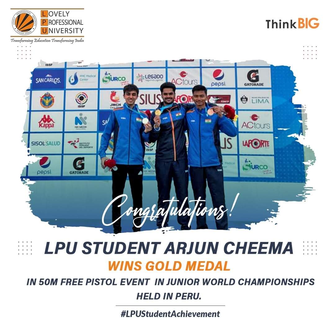#LPU students are setting examples for the world with their consistently marvellous sports achievements!
LPU student Arjun Cheema has won the Gold Medal in 50m Free Pistol event in Junior World Championships held in Peru! 
#Shooting #Athletes #Sports #Infrastructure #ThinkBIG https://t.co/HQwEic02NG
