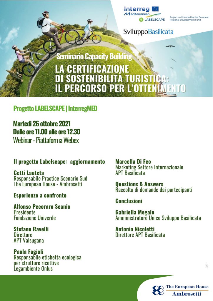 SviluppoBas's tweet photo. 4° incontro di progetto #Labelscape
‘Il percorso di ottenimento della certificazione di sostenibilità turistica’
Registrazioni al link https://t.co/H8o0u9EEPq 
@labelscape https://t.co/9Lf8Jx5Lqn