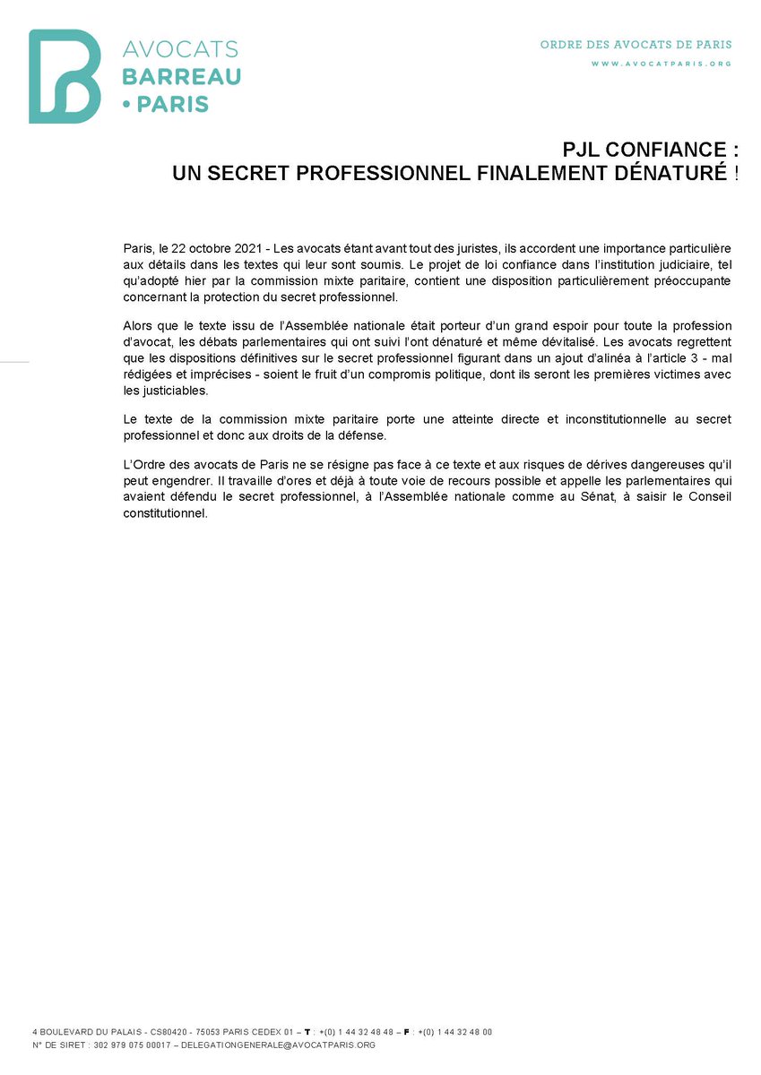 #PJLConfiance: le texte de la #CMP porte une atteinte directe et inconstitutionnelle au #secretprofessionnel et donc aux droits de la défense. 

<a href="/Avocats_Paris/">Avocats de Paris</a> ne se résigne pas face à ce texte et aux risques de dérives dangereuses qu’il peut engendrer.

<a href="/batonnierparis/">Bâtonnier de Paris</a>