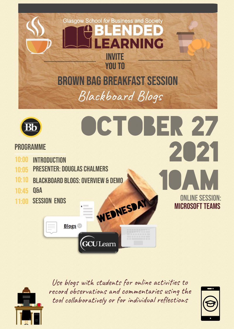 GSBSlearntech's tweet image. Delighted to welcome @GCU_GSBS @ChalmersMedia to  kick off our 8th iteration of Brown Bag Breakfast Sessions next Wednesday 27th October!  We&apos;ll be focussing on a native tool of GCULearn @Blackboard Blogs! #GSBSBBS