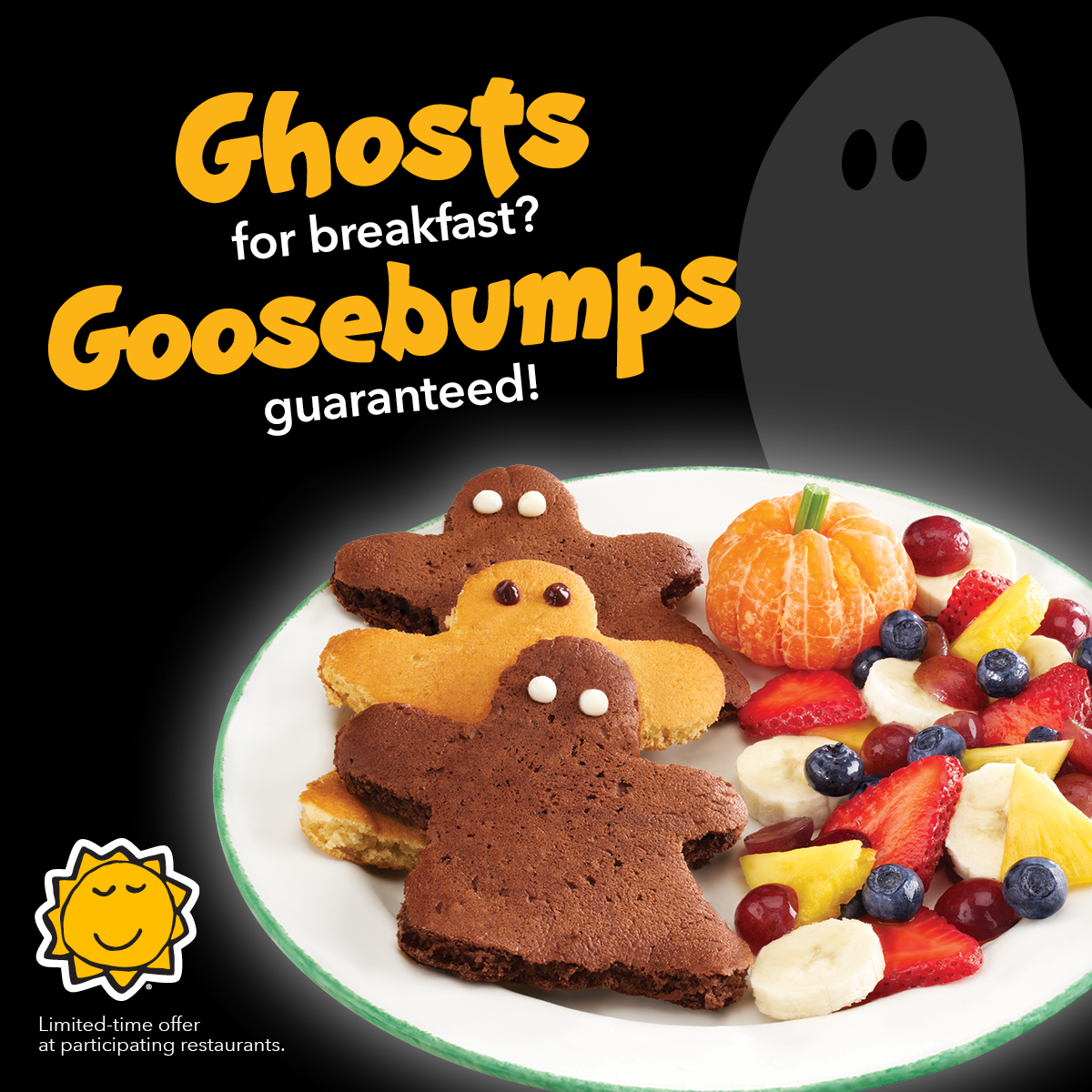 👻 For the little ones, ghosts for breakfast!* 🎃 Only $1!* 😃 A special price for a special cause! Each dollar from this kids’ meal promotion will be donated to @BreakfastCanada *Detail in restaurant.  #StopChildHunger #HealthyCommunity #Breakfastforall #forthekids