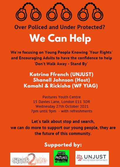 SaveOurPastures (@saveourpastures) on Twitter photo A workshop with some great speakers to help young people know their rights when faced with stop and search and encourage adults to help.
When: Wed 27 Oct, 7-9pm
Where: Pastures Youth Centre, 15 Davies Lane, E11 3DR
Free entry
<a href="/CannHallCan/">CannHallCan</a> <a href="/CannHallCan/">CannHallCan</a> <a href="/LeytonstoneSch/">Leytonstone School</a> A workshop with some great speakers to help young people know their rights when faced with stop and search and encourage adults to help.
When: Wed 27 Oct, 7-9pm
Where: Pastures Youth Centre, 15 Davies Lane, E11 3DR
Free entry
<a href="/CannHallCan/">CannHallCan</a> <a href="/CannHallCan/">CannHallCan</a> <a href="/LeytonstoneSch/">Leytonstone School</a>