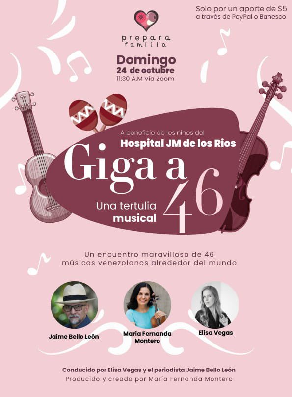 Concierto increíble con 46 músicos venezolanos alrededor del mundo. A beneficio de <a href="/preparafamilia/">Prepara Familia</a> Domingo 24 Octubre 11:30am Entrada 5$ que ayudarán a niños del JM de los Ríos