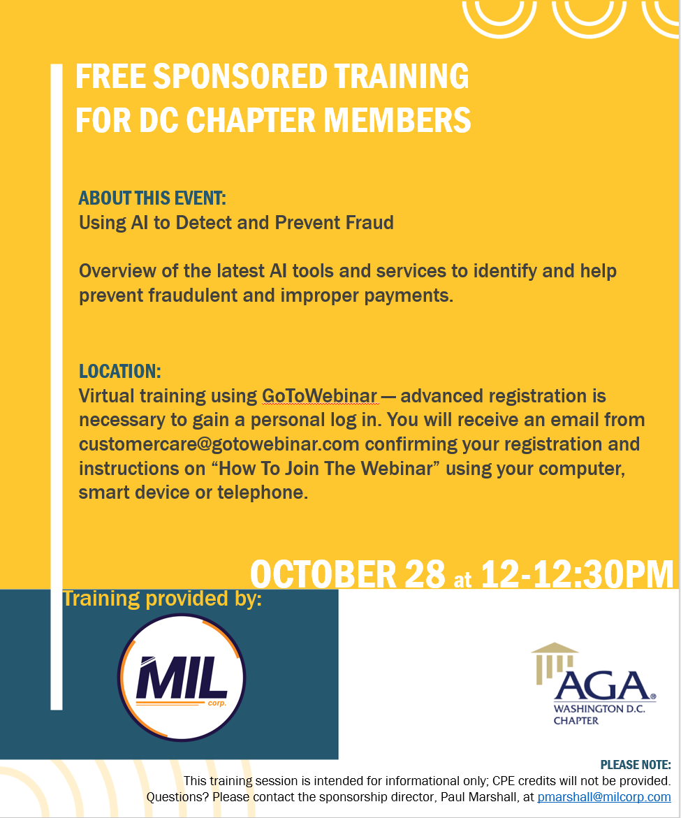Reminder to Sign Up!

FREE Training Opportunity for DC Chapter Members sponsored by The MIL Corporation!

The AGA DC Chapter will host this free training session on Thursday, October 28th, from 12:00 PM to 12:30PM.

lnkd.in/gZghMrsJ

#AGADC #virtualtraining