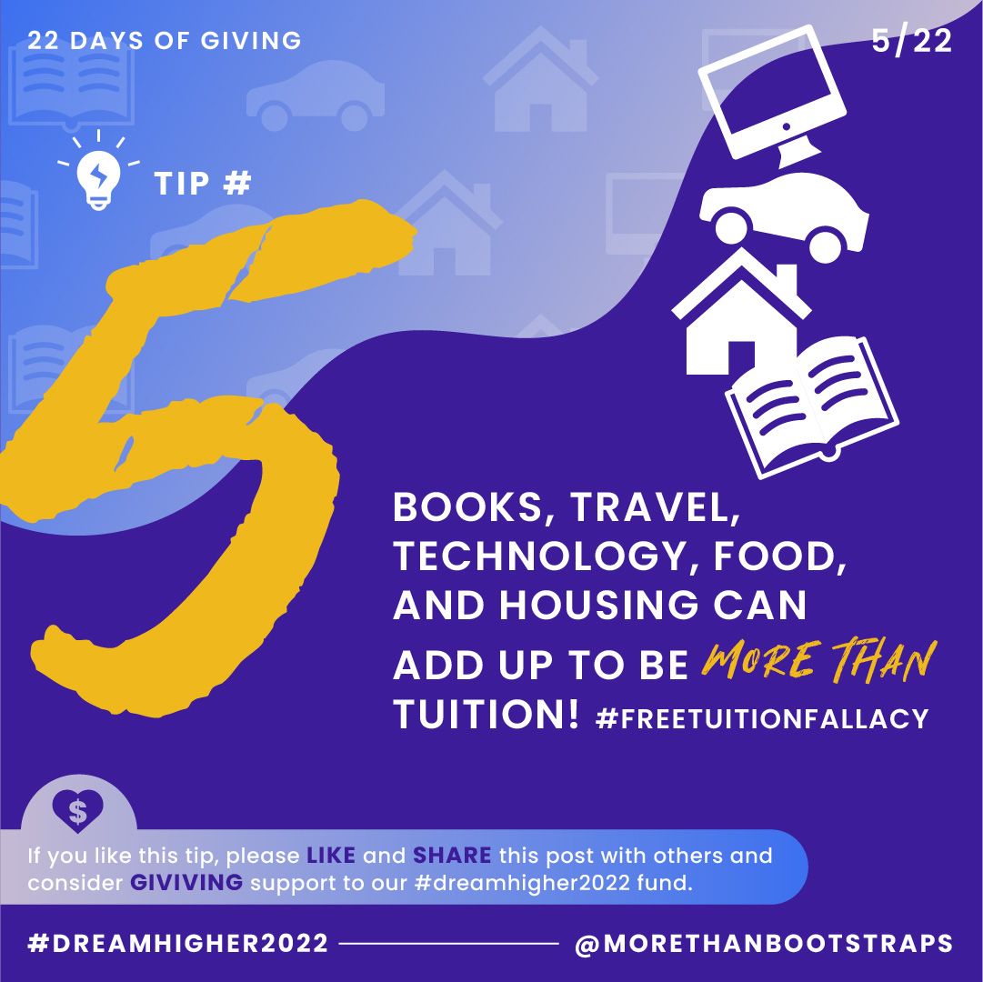MBootstraps's tweet photo. #22daysofgiving Day #5: Even when your tuition is covered, college is not free. The #freetuitionfallacy - https://t.co/rC7N3Wm8MD. If you can, contribute to our #dreamhigher2022 campaign. Find our donation information in our bio or Venmo us @morethanbootstraps. @PassaicSchools https://t.co/SF0wnkul81