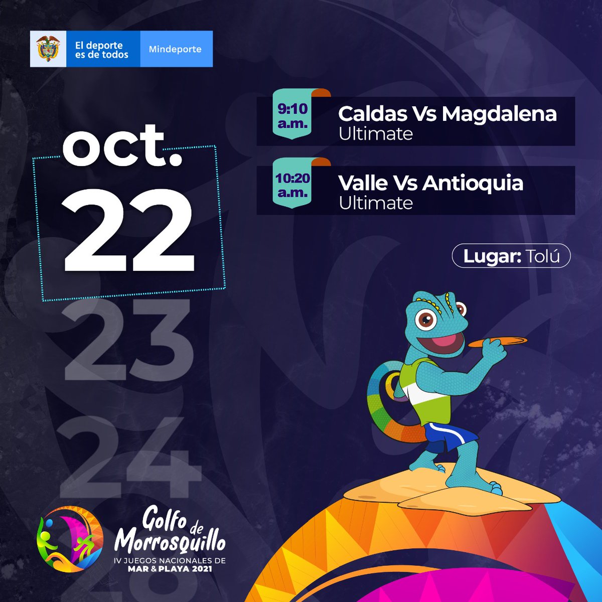 MinDeporteCol's tweet photo. ¡Cuenta regresiva en cero! Llegó el momento de disfrutar la acción de los #IVJuegosDeMarYPlaya. Desde Tolú, la disciplina de ultimate 🥏 será la encargada de bajar el telón para presentarle al país las justas multideportivas nacionales más importantes del año. ¡Vamos! 🇨🇴 https://t.co/JtYMOdjqPC