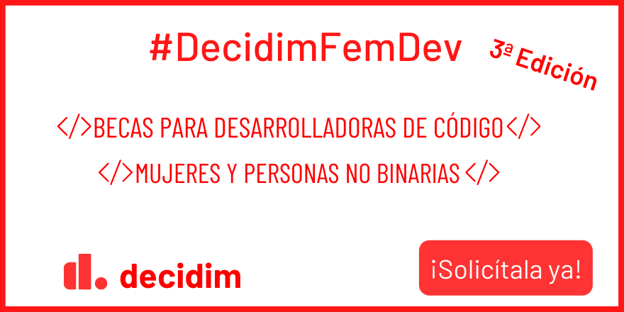 DigitalFems's tweet image. En #DecidimFemDev buscamos ✨Desarrolladoras de código➡️ Personas de Género Femenino o No Binario✨
👉 Disponemos de 4 becas para contribuir al desarrollo de la plataforma Decidim, usada por + de 200 organizaciones e instituciones.
bit.ly/DecidimForm
👇