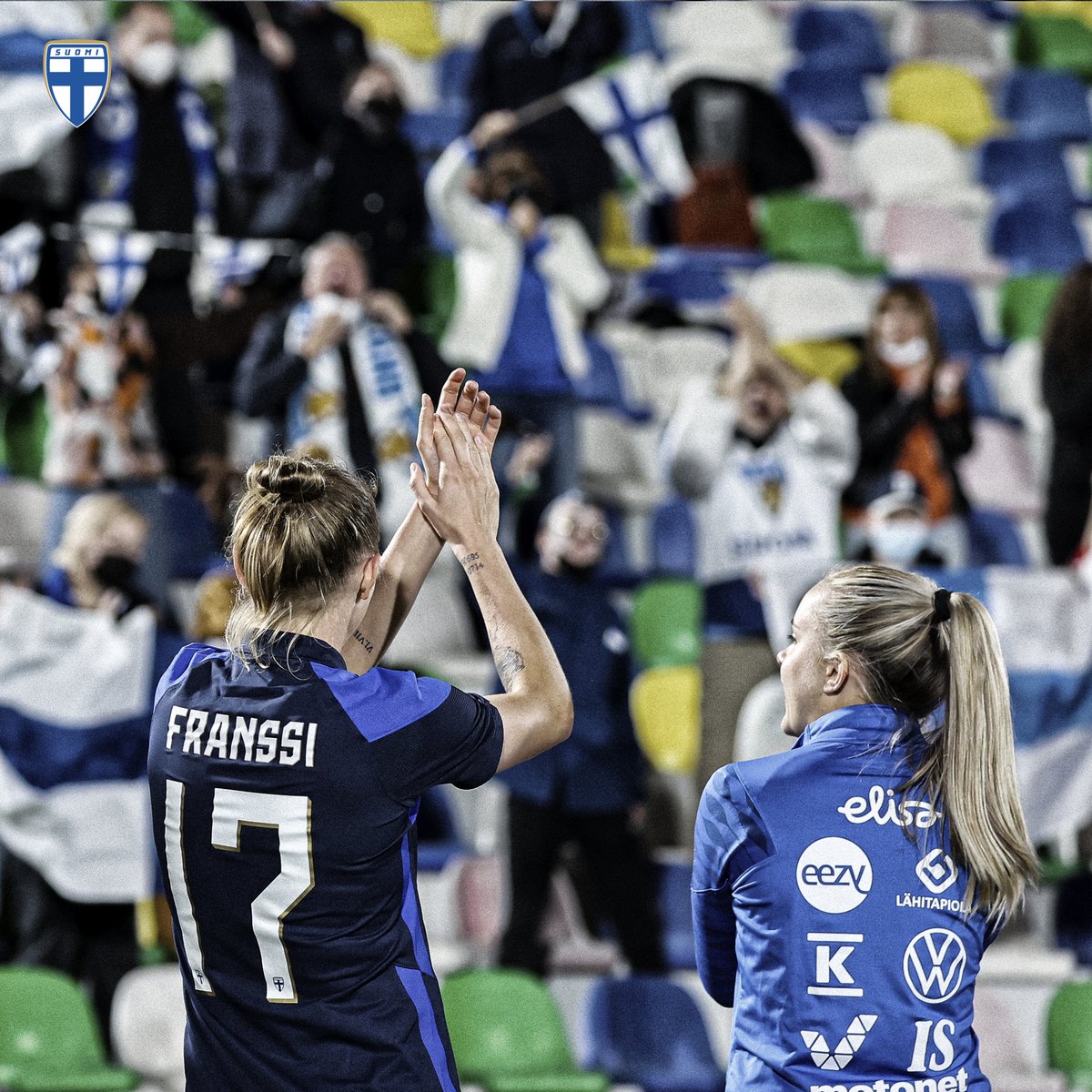 HelmaritFI's tweet photo. 𝐊𝐮𝐯𝐚𝐤𝐨𝐨𝐬𝐭𝐞 I 🇬🇪🆚🇫🇮 | Vakuuttava voitto Tbilisistä upeiden Suomi-fanien edessä! Tiistaina jatketaan Olympiastadionilla Irlantia vastaan ja entistä kovemmalla kannustuksella! 𝐎𝐈 𝐒𝐔𝐎𝐌𝐈 𝐎𝐍! 

📸: Jyri Sulander

#Helmarit #GEOFIN #FIFAWWC #MeOlemmeSuomi https://t.co/UAtb6HBlSO