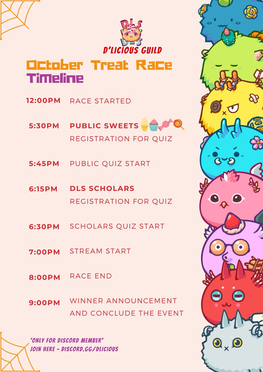 DliciousDLS's tweet photo. Hi everyone, check out our event schedule for October Treat Race tomorrow 23rd OCT! 🥳🥳🥳

Giveaway 1/3

First 100 SLP giveaways for the lucky one:

🔥  Follow, like and retweet 
🔥  Join https://t.co/49BxuK8681 

Winner announce 9pm!

#DLS 🍬 #AxieInfinity #Axiescholarship https://t.co/53JpgVn1kM