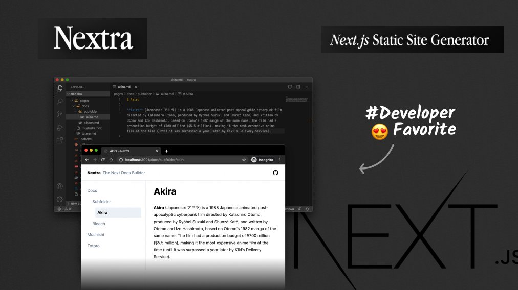 prisma's tweet image. 😍 Today&apos;s #DeveloperFavorite is Nextra, a #Nextjs based static site generator!

❝ It was a piece of cake 🍰 to setup to power our nexus.prisma.io website and it was a smooth integration with @vercel preview deploys ❞ - @JasonKuhrt 

📈 nextra.vercel.app