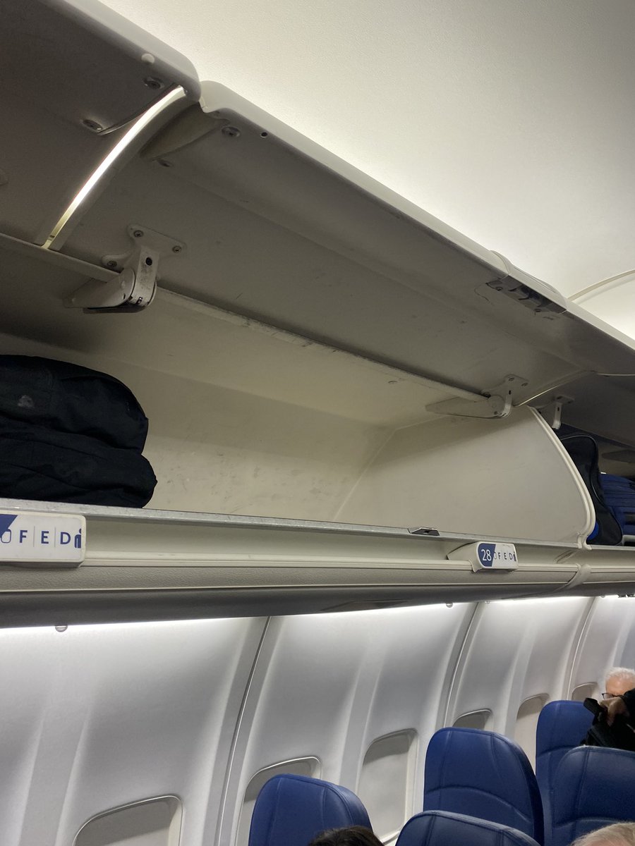 deannaaaclark's tweet photo. Why does @Delta make us all check our carry on bags when there’s PLENTY of room here. This happens every time I’ve flown recently and incredibly rude and unnecessary as someone who packs just a carry on for a reason https://t.co/sIaraDa9ek