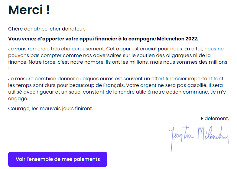 📢Don de 152€ à #LFI pour soutenir le programme défendu par @JLMelenchon pour les #presidentielles2022 car je sais que lui fera (hausse des salaires, blocage des prix, etc..) ➡️'J'optimise' les 100€ annoncés lors du #Castex20h ➡️N'hésitez pas : melenchon2022.fr/don/