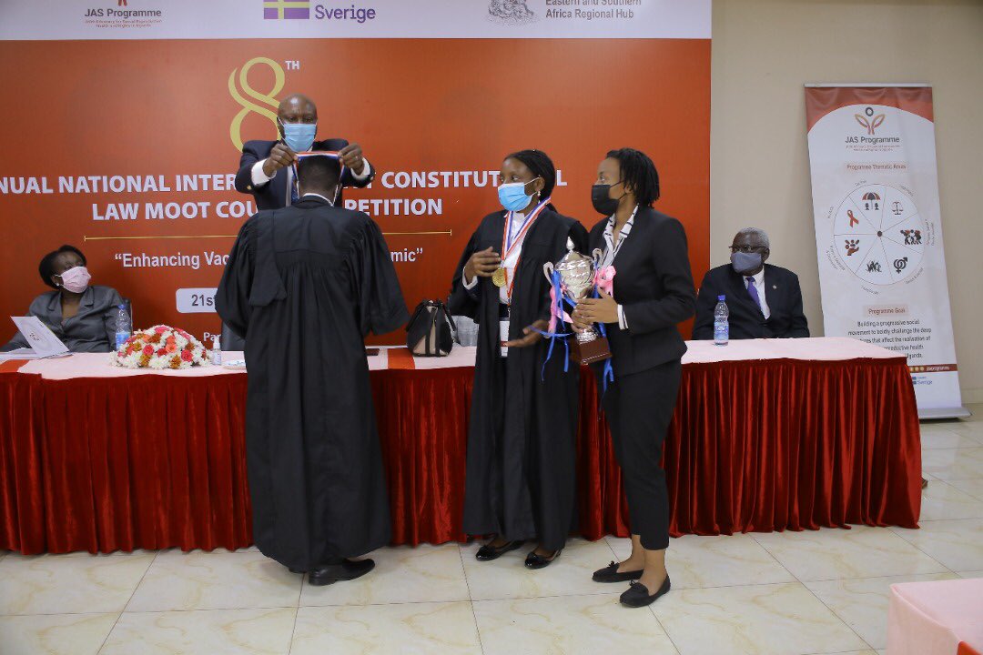 cehurduganda's tweet photo. A big congratulations to @Makerere upon winning this year's 8th Annual #CEHURDMoot2021 against @UCUniversity with an average score of 84.7'% &amp; Kevin Nakimbugwe as the best orator with 87.2% from @MakerereLaw 

1st runners up have been @uculaw

#CEHURDMoot2021 https://t.co/fUuzmXvZ6l