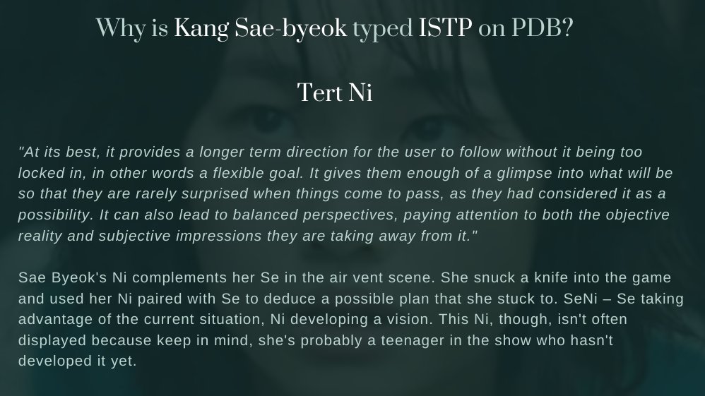 pdb_app's tweet photo. Why is Kang Sae-byeok typed ISTP on PDB?
> Here is an excerpt from the discussion.
> Read more on https://t.co/LVhYc2vaYi
...
#kangsaebyeok #saebyeok #squidgame #mbti #cognitivefunctions #squidgamembti #personalitydatabase #introvertedthinking #extrovertedsensing #istp https://t.co/xnVYEi5EVk