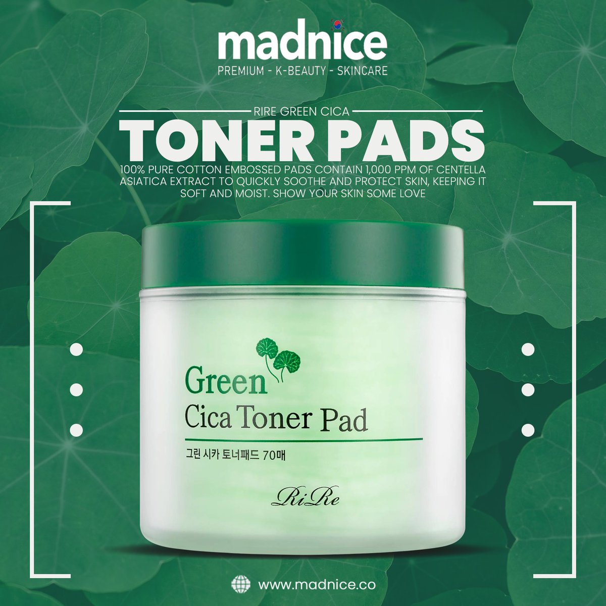 MadniceCo's tweet photo. RiRe Green Cica Toner Pads - 100% pure cotton embossed pads contain 1,000 PPM of Centella Asiatica Extract to quickly soothe and protect skin, keeping it soft and moist. Show your skin some love. 

#madnice #cosmeticstoremadnice #skincareviral2021 #skincareroutinesthatwork https://t.co/doR13oRslI