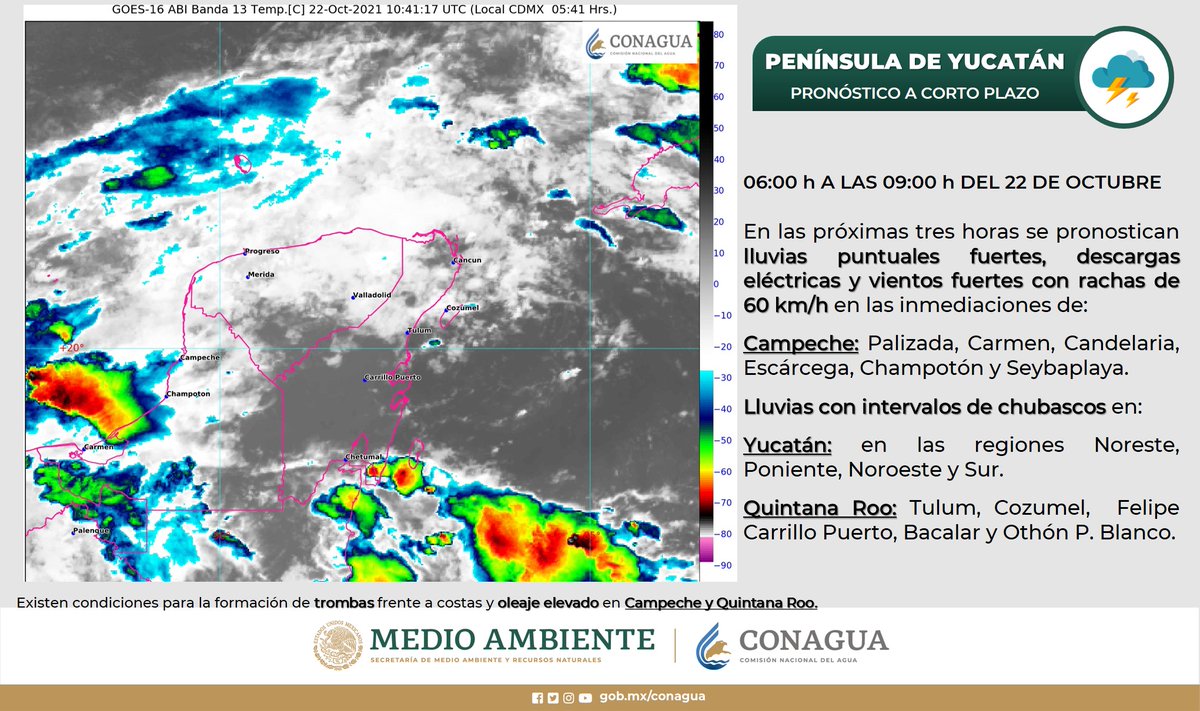conagua_clima's tweet photo. En las siguientes tres horas se pronostican #Lluvias puntuales fuertes en: #Veracruz, #Oaxaca, #Tabasco, #Chiapas y #Campeche. Además de #Chubascos en: #Yucatán y #QuintanaRoo. https://t.co/VwvTGhDBC9