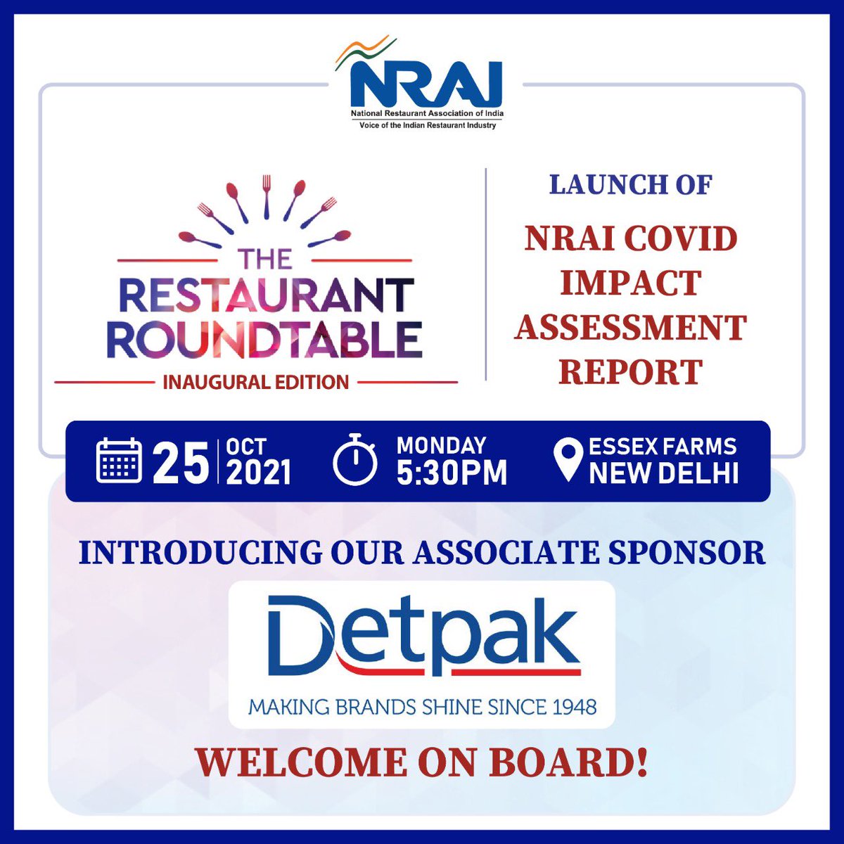 NRAI_India's tweet photo. NRAI proudly announces Detpak as the Associate Sponsor for NRAI COVID Impact Assessment Report. 

We are glad to have you on board with us! 

#NRAIRestaurantRoundtable #Detpak #AssociateSponsor #NRAIEvent #Restaurants #RestaurantIndustry https://t.co/8n4HuZXJrU