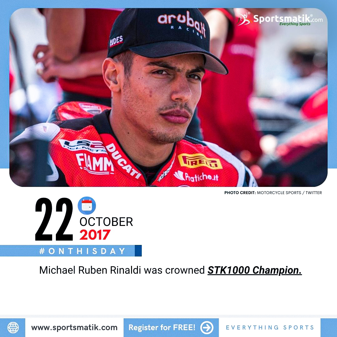 On 22 Oct, 2017, Michael Ruben Rinaldi ( @michaelrinaldi_ ) became the champion of the 2017 season in the STK1000 after winning the sixth Spanish round of the championship. He became the 10th Italian to take the crown.
sportsmatik.com
#michaelrubenrinaldi #OTD #OnThisDay