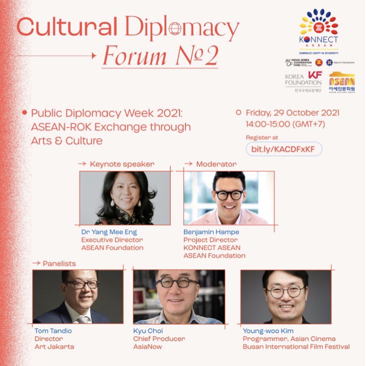 aseanfoundation's tweet photo. If you are an artist, arts/cultural worker, or interested in ASEAN and Korean arts and cultural policy, be sure to get involved in Public Diplomacy Week 2021 where we will discuss ASEAN-ROK exchange through Arts & Culture!
#konnectasean
#rokaseanart
#koreaaseancreates https://t.co/O6k2V3DAHt