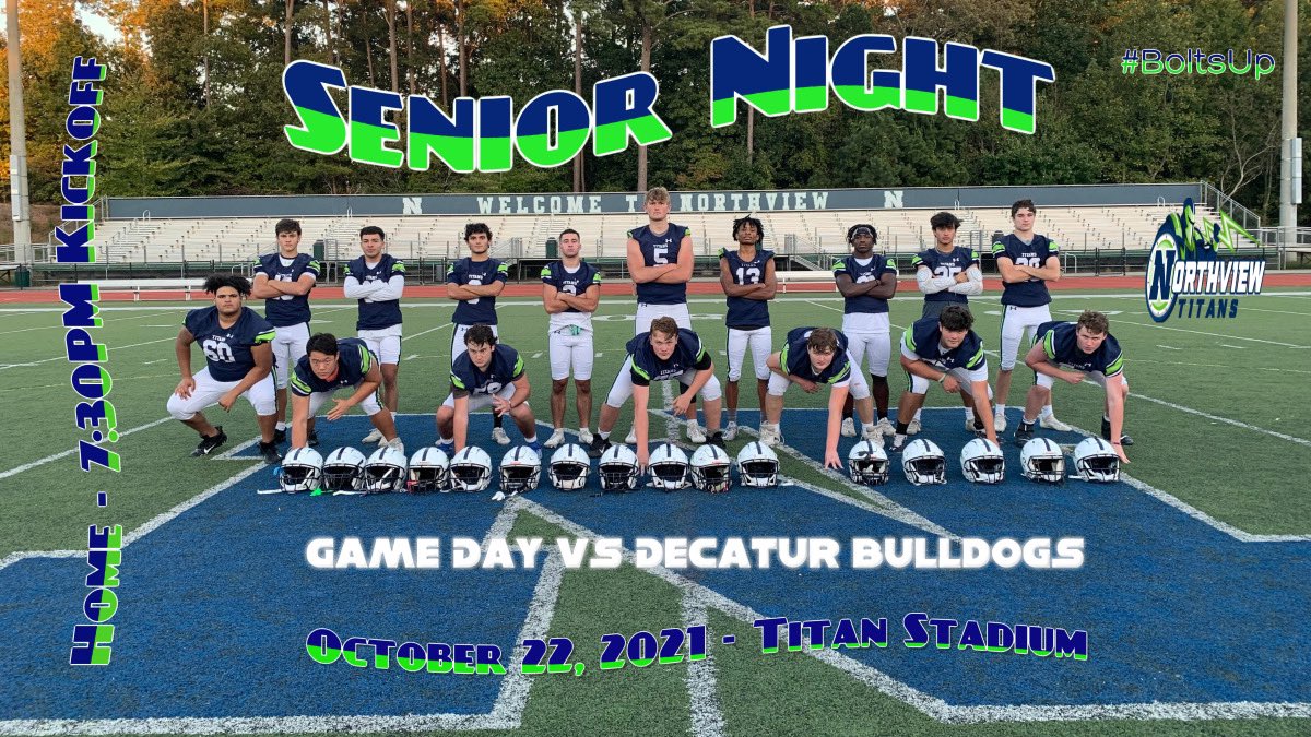 Nafis Pickett (@coach_pickett4) on Twitter photo It’s GameDay!!!!
<a href="/NorthviewHSFB/">Northview Football</a> vs #8 <a href="/DecaturDawgs/">Decatur Football</a>
📅- Oct- 22nd
🏟️- Titan Stadium
⏰- 7:30pm
Senior Night
Region 5 (5A) game
#BoltsUp ⚡️
This is the last time these 16 young men will play at Titan Stadium!! Make it memorable
Why not US!!!
Another opportunity to go 1-0!!! It’s GameDay!!!!
<a href="/NorthviewHSFB/">Northview Football</a> vs #8 <a href="/DecaturDawgs/">Decatur Football</a>
📅- Oct- 22nd
🏟️- Titan Stadium
⏰- 7:30pm
Senior Night
Region 5 (5A) game
#BoltsUp ⚡️
This is the last time these 16 young men will play at Titan Stadium!! Make it memorable
Why not US!!!
Another opportunity to go 1-0!!!