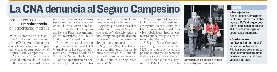 ASanchezZapata's tweet photo. 📰Hoy @Expresoec recoge nuestras declaraciones junto a la @CNACEcuador en la presentación de la denuncia en @FiscaliaEcuador firmada por todos sus Miembros sobre el Seguro Social Campesino. Desde el FUT solicitamos que las anomalías en el @IESSec se investiguen ⏬ https://t.co/4E7gH4SMqp