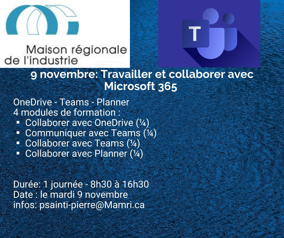 MaisonRegionale's tweet photo. 9 novembre- Travailler et collaborer avec Microsoft 365 
infos: psain-pierre@mamri.ca https://t.co/F6OD3hDKVM