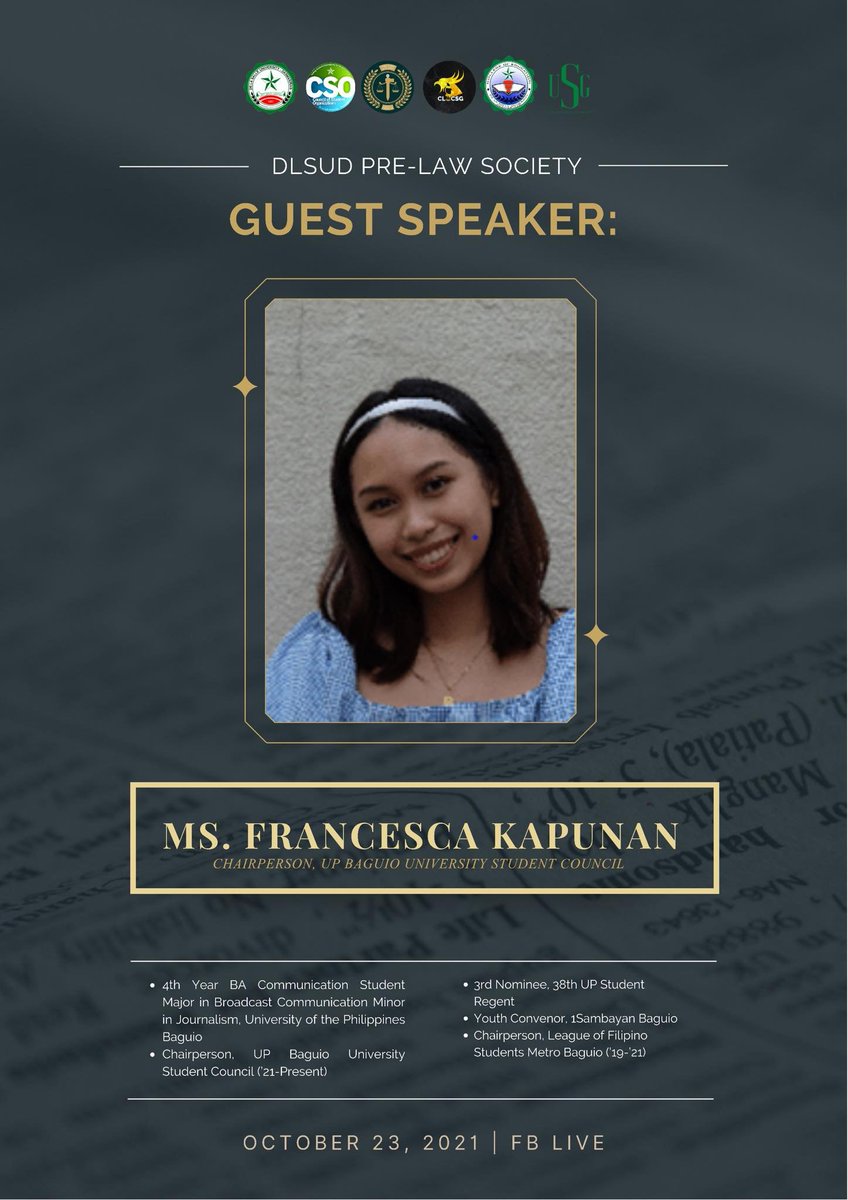 dlsud_prelawsoc's tweet photo. Let's us introduce you our webinar speaker for tomorrow's Day 2 of Sherlock Homies: THINK systematically and ACT Long Term, Ms. Francesca A. Kapunan, the incumbent Chairperson of the UP Baguio University Student Council.
#DPLSMovingForward
#DPLSStandUnited
#CSORSO2122
#CSORSOFAM https://t.co/wExqj9xSV6