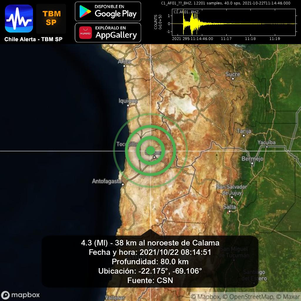 ChileAlertaApp's tweet photo. Aviso de nuevo sismo. 🇨🇱
4.3 (Ml) - 38 km al noroeste de Calama.
2021/10/22 08:14:51
App: https://t.co/RblVNxZYn8
#Calama #earthquake #sismo #temblor #terremoto #CSN #GUC
@reddeemergencia https://t.co/gWzMoFb6sm