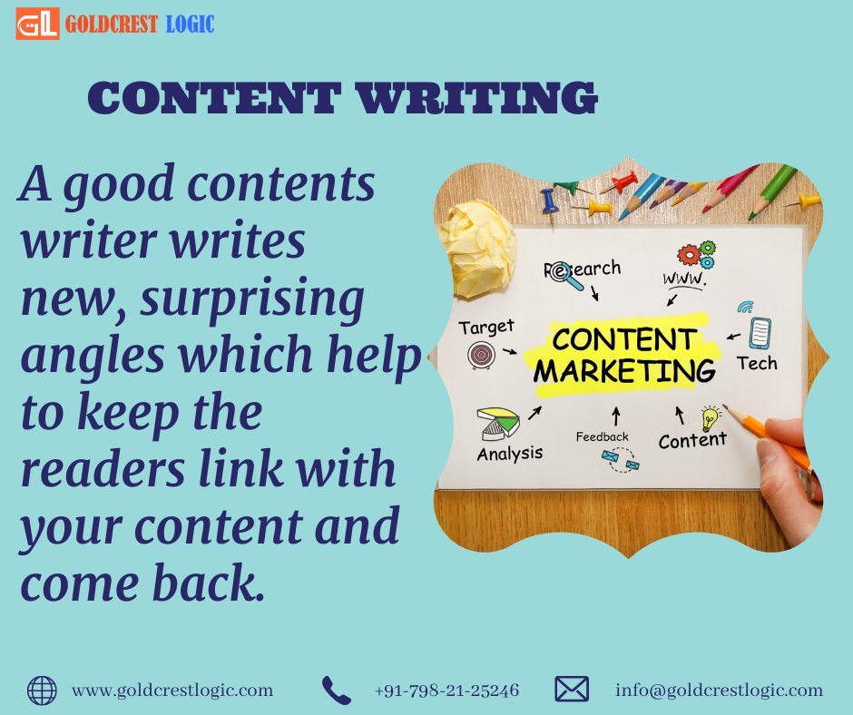 Goldcrestlogic's tweet photo. A good contents writer writes new, surprising angles which help to keep the readers link with your content and come back.
#contentwritingservice
#contentwriting https://t.co/Npb362IFoR