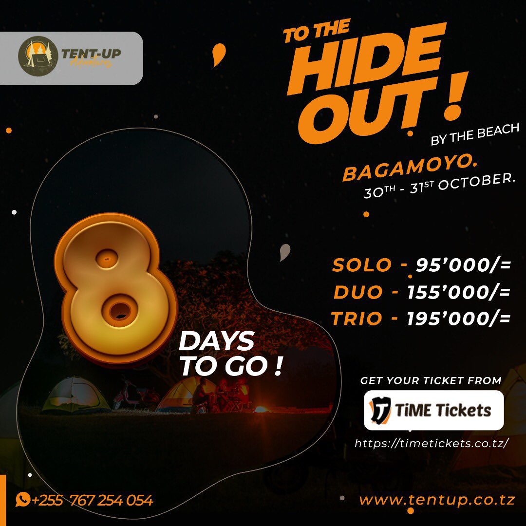 tent_up's tweet photo. 8 days to the Hide out!
Explore Bagamoyo with us this Halloween!
We are offering a variety of games and activities while experiencing nature at it best.

Book your ticket with us : https://t.co/PdMAkbsnMQ https://t.co/XVnZdzeN2H