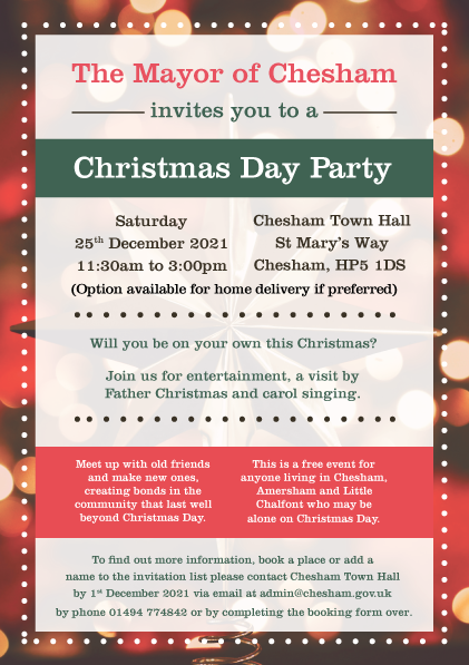 Mayor of Chesham (@mayorofchesham) on Twitter photo Please share this like mad especially if you are, or if you know someone, who would like to join us!
If you'd like a booking form email admin@chesham.gov.uk or cheshammayor@gmail.com or you can pick up a hard copy from the Town Hall. <a href="/CheshamCouncil/">Chesham Town Council</a> <a href="/AmershamTC/">Amersham TC</a> <a href="/ChalfontCCentre/">Chalfont Community</a> Please share this like mad especially if you are, or if you know someone, who would like to join us!
If you'd like a booking form email admin@chesham.gov.uk or cheshammayor@gmail.com or you can pick up a hard copy from the Town Hall. <a href="/CheshamCouncil/">Chesham Town Council</a> <a href="/AmershamTC/">Amersham TC</a> <a href="/ChalfontCCentre/">Chalfont Community</a>