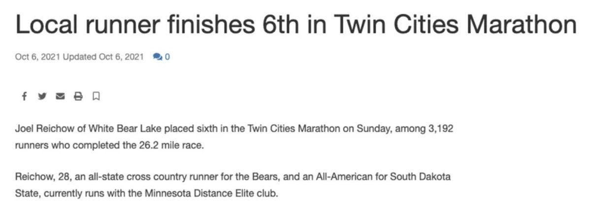 #624Fact - Former All-State Cross Country Runner and WBLAHS grad Joel Riechow placed sixth, out of 3,000 participants, in Twin Cities Marathon earlier this month. Riechow finished with a time of 2:28:07. Go Bears!