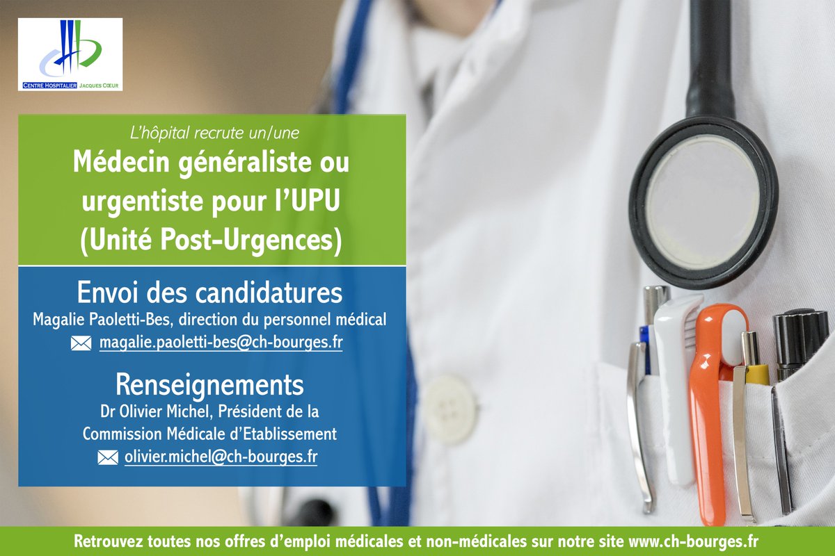 chjacquescoeur's tweet photo. 🔔 Alerte emploi 🔔

Le Centre Hospitalier Jacques Cœur recrute un médecin généraliste ou urgentiste pour l'Unité Post-Urgences !

Détail complet de l'offre sur notre site Internet : https://t.co/WzQwVzgZV3 https://t.co/Xk40gAENCo