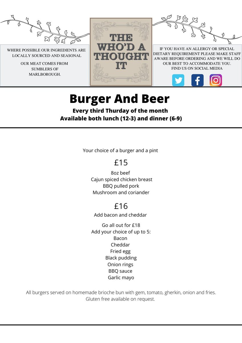 WhodALockeridge's tweet photo. Specialty nights starting here at The Who'd A

3rd Thurs every month is Burger &amp; a Beer all day,
4th Thurs every month is Steak Night in the evening.

Give us a shout to get booked in now, and keep your eyes out for updates on what's on the 1st and 2nd Thursdays of the month! https://t.co/4vB1LMkvS1