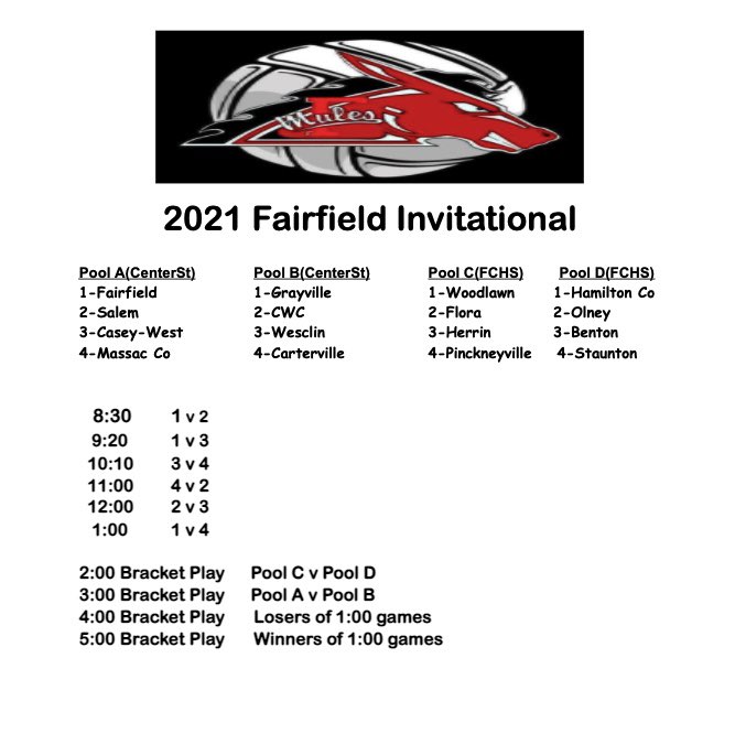Schedule for Fairfield Tourney this Saturday! Last tune up before post season starts next week. A lot of great teams will be there! Looking forward to a great day!