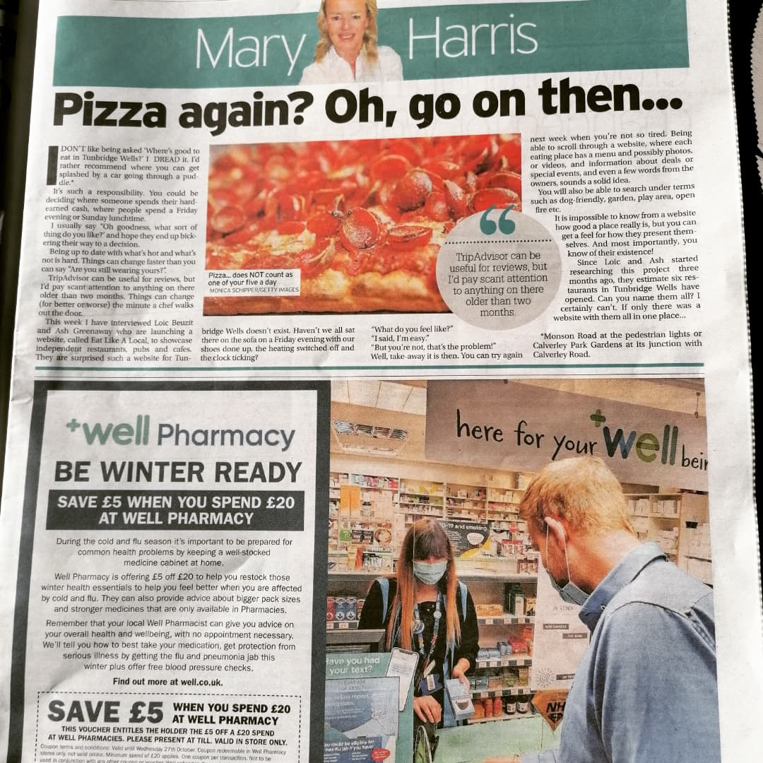 Read all about it! Thanks for all the local support to get our concept off the ground. Excited to create a website which will make choosing a good, independent restaurant, a cinch! eatlikealocal.co.uk #tunbridgewells #restaurant #Independent #food