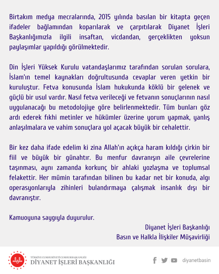diyanetbasin's tweet photo. Diyanet İşleri Başkanlığı, bazı medya mecralarında bir fetvayla ilgili çıkan haberlerin çarpıtma olduğunu kaydederek, “Bu kadar net bir konuda, algı operasyonlarıyla zihinleri bulandırmaya çalışmak insanlık dışı bir davranıştır.” açıklamasında bulundu.
https://t.co/bE9nIw7dVr https://t.co/llX3zbujtx