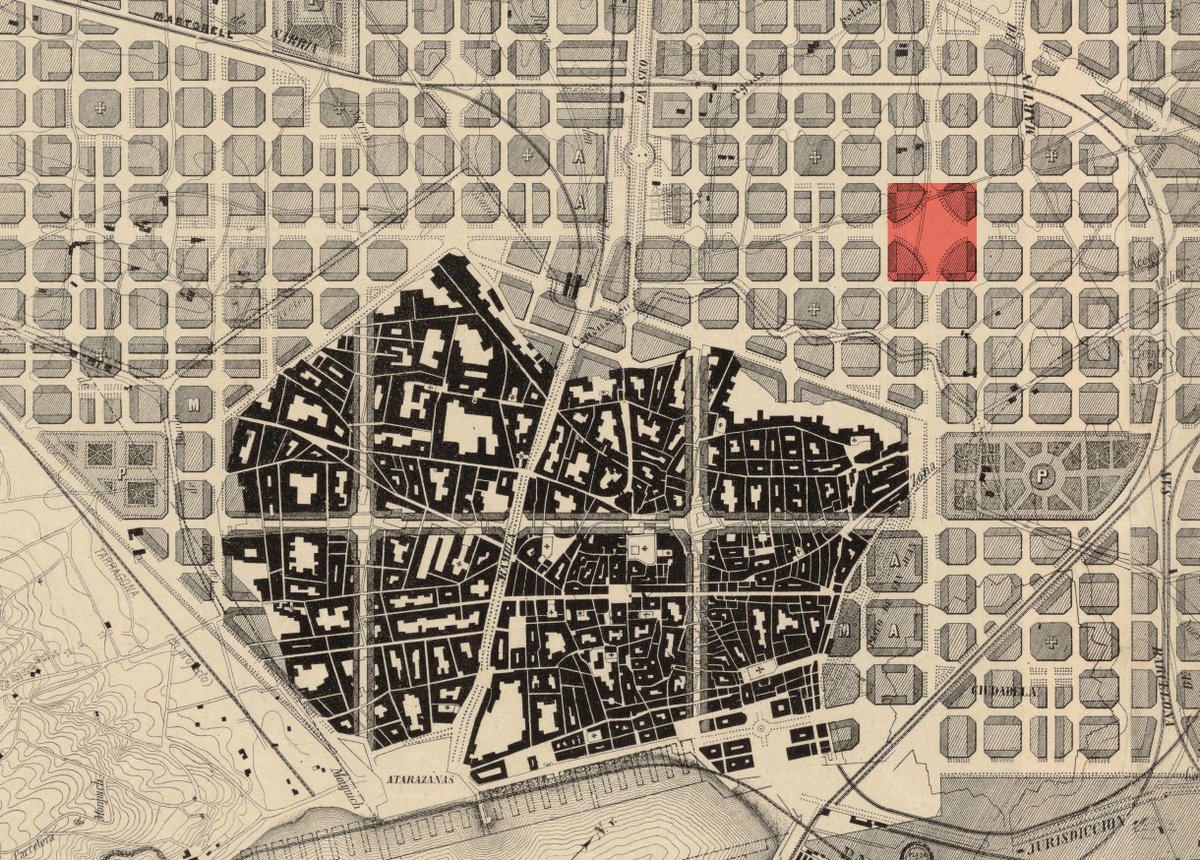 efemarq's tweet photo. Finalment #Cerdà proposà que es fes a "una de las manzanas de la plaza #convexa que se halla sobre la Gran Vía de 50 metros de anchura que va desde la Bordeta al río Besòs". És a dir, seguia el seu propi Pla: la Universitat ha d'acostar-se cap a la nova #centralitat de Glòries. https://t.co/CYCDQAuTyT