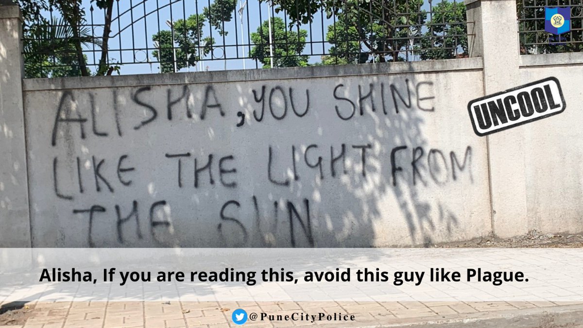 PuneCityPolice's tweet photo. Pune, we know you are 'cool', but defacing public property with unauthorised graffiti is pretty 'uncool'. 

बेकायदेशीर कलेने सार्वजनिक मालमत्ता खराब करू नका. हे तुम्हाला अडचणीत आणू शकते. आपले विचार व्यक्त करण्याचे आणखी चांगले मार्ग आहेत.

#IllegalGraffiti #Pune #VimanNagar https://t.co/yQoxPBUuR7