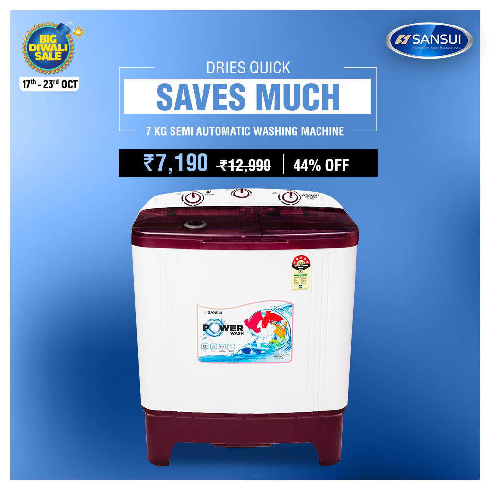 Dry laundry takes just a moment with Sansui's 7kg semi automatic washing machine. So why wait any longer to get your superfast drying washing machine at just ₹7190?
Order right away - bit.ly/3niLq7p
#BigDiwaliSale