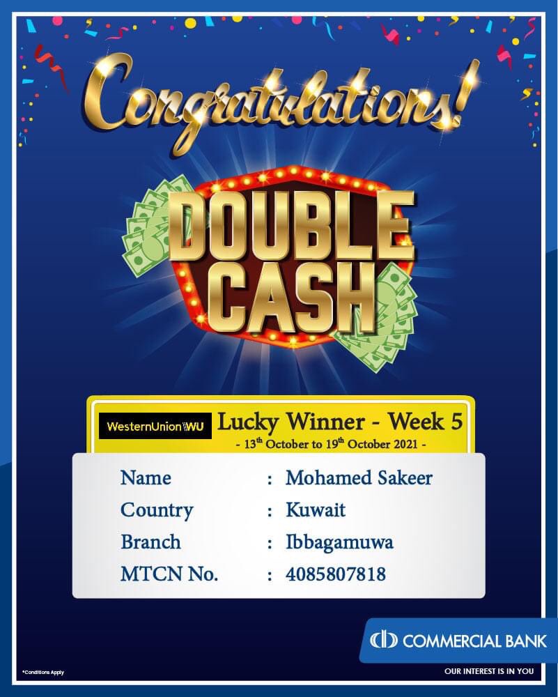 ComBank_LK's tweet photo. Double Cash lucky winner of the fifth week. For more info - https://t.co/oVrZztNk3x
#ComBank #DoubleCash #WesternUnion https://t.co/jxxRmtvz4W