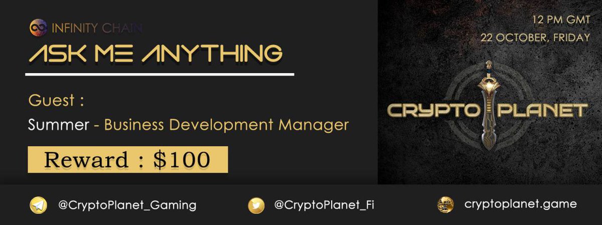 CryptoPlanet_Fi's tweet photo. 🎉🎉The 19th Official #AMA 
CryptoPlanet 𝐱 Infinity Chain

🎁Prize: 100$ worth gems 
📆Date: 22 OCT 2021, 12 PM GMT
🏨Venue: https://t.co/TL9A2Za9G7

Rules: 
🪐Follow @CryptoPlanet_Fi @Infinity_Chains
🪐Like Rt Comment Questions &amp; Tag 5 
🪐Join https://t.co/JGIk2rx7tG

#gamefi https://t.co/mmfjbeLzsy