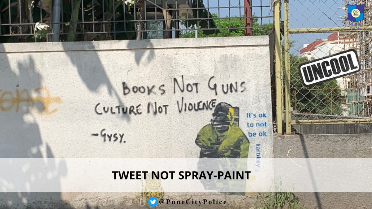 PuneCityPolice's tweet photo. Pune, we know you are 'cool', but defacing public property with unauthorised graffiti is pretty 'uncool'. 

बेकायदेशीर कलेने सार्वजनिक मालमत्ता खराब करू नका. हे तुम्हाला अडचणीत आणू शकते. आपले विचार व्यक्त करण्याचे आणखी चांगले मार्ग आहेत.

#IllegalGraffiti #Pune #VimanNagar https://t.co/yQoxPBUuR7