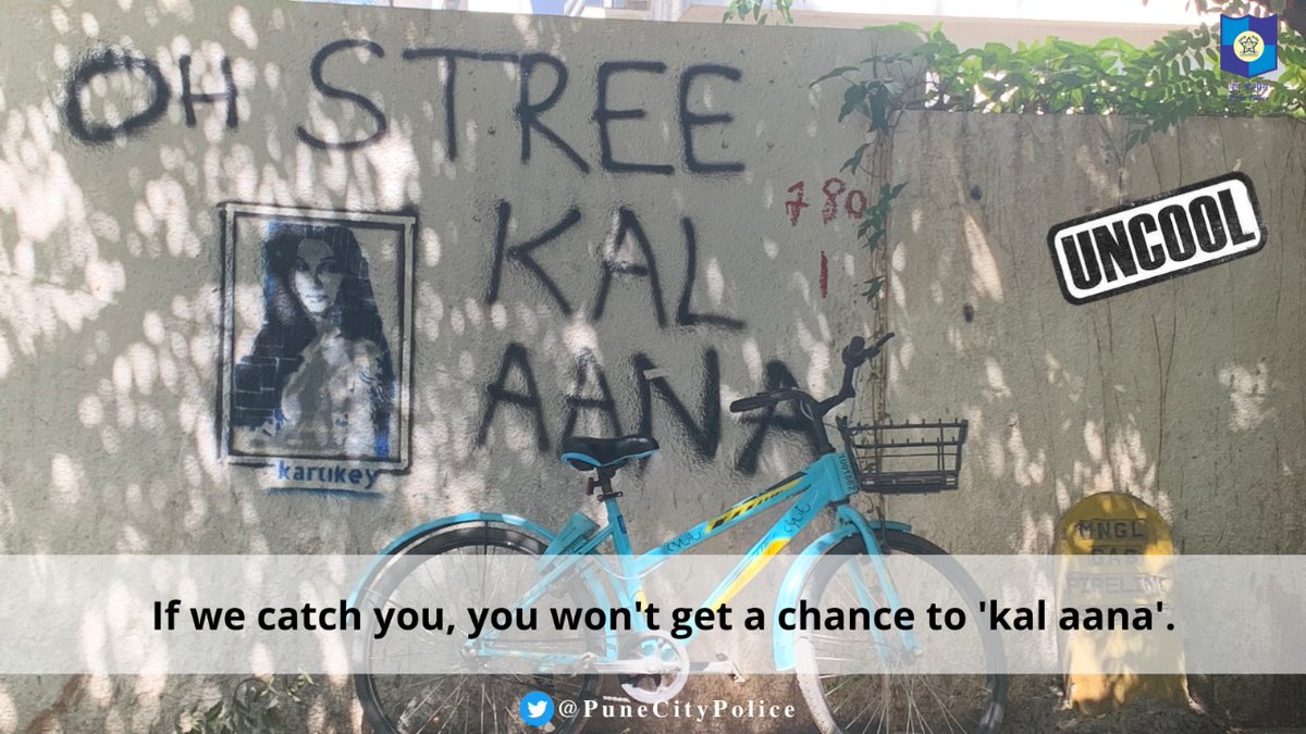 PuneCityPolice's tweet photo. Pune, we know you are 'cool', but defacing public property with unauthorised graffiti is pretty 'uncool'. 

बेकायदेशीर कलेने सार्वजनिक मालमत्ता खराब करू नका. हे तुम्हाला अडचणीत आणू शकते. आपले विचार व्यक्त करण्याचे आणखी चांगले मार्ग आहेत.

#IllegalGraffiti #Pune #VimanNagar https://t.co/yQoxPBUuR7