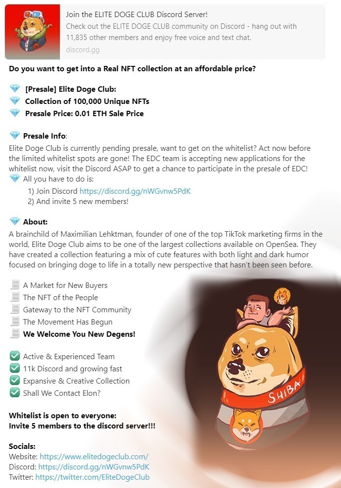 ArmyEdc's tweet photo. #Presale 

Elite Doge Club is currently whitelisting for our unique collection of 100,00 #NFT !

Find out how to enter
 🔽 🔽 🔽 🔽 🔽 🔽
https://t.co/9aqEDBjRJe

#crypto #bitcoin #btc #news #cryptocurrency #ethereum #blockchain #eth #trading #nft #defi #opensea #binance #moon https://t.co/c2LGqbkBRN